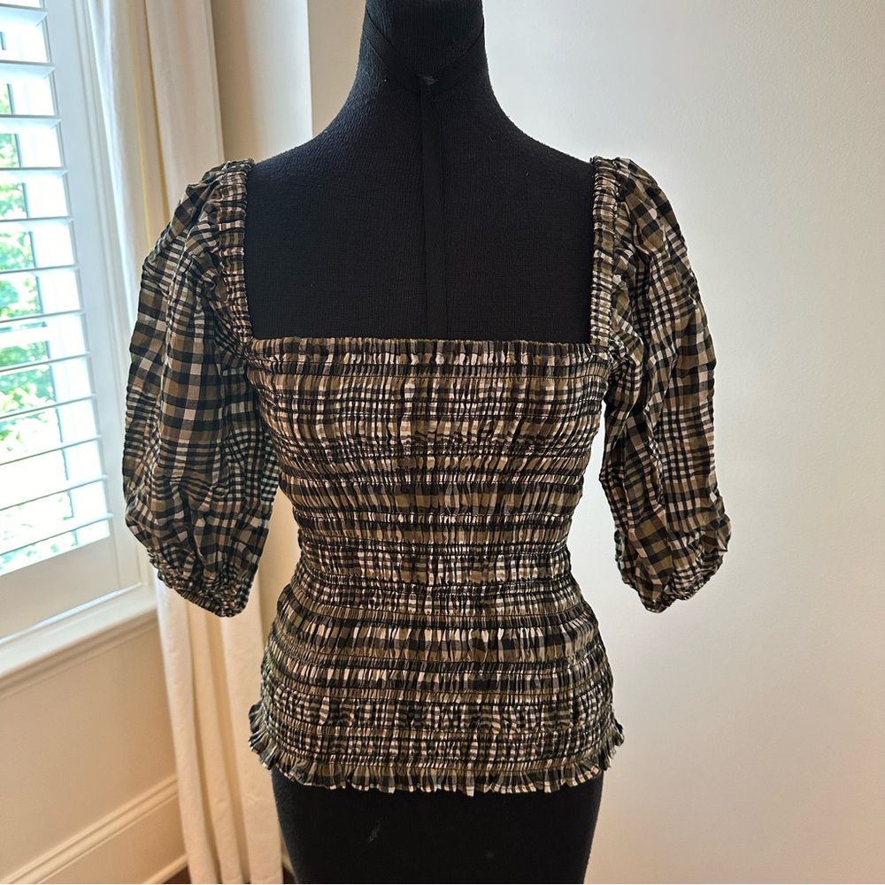 Ganni Plaid Print Square Neckline Top